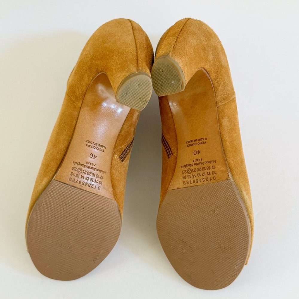 MAISON MARTIN MARGIELA TAN BROWN SUEDE PEEP TOE CHUNKY HEEL ANKLE BOOTS - Picture 9 of 10